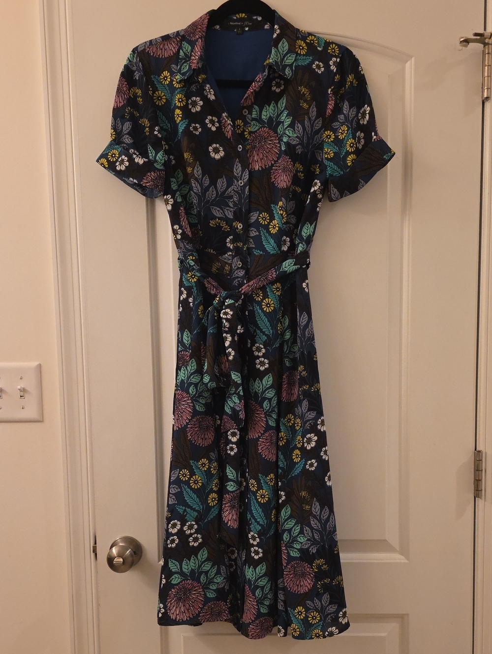 J. Crew Navy Floral Button-Front Belted Midi Dress